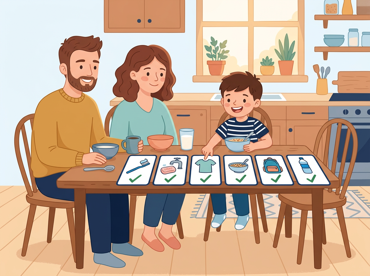 A mother and father at the kitchen table with their son, who points proudly at a row of picture step cards with checkmarks.